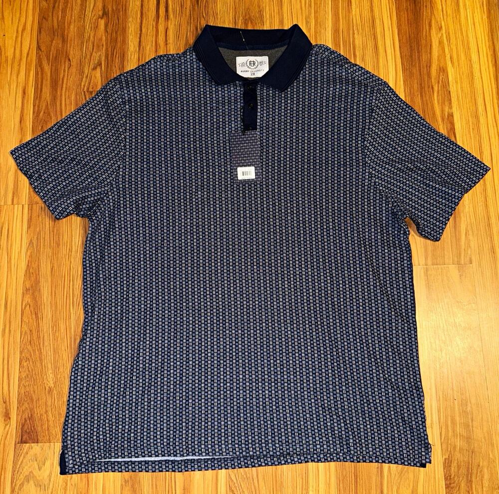 Rugby University Men's 2X Dark Navy Geometric Knit Polo Shirt Short Sleeve